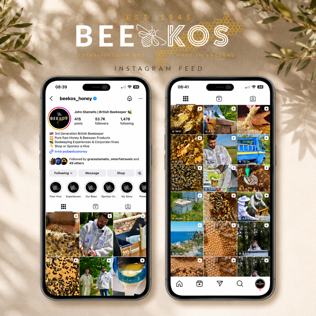 Two smartphones displaying an Instagram profile and video feed of bee-related content for Beekos, a British beekeeping business established in 1945, showing bees, beekeepers, hives, honey, and beekeeping activities.