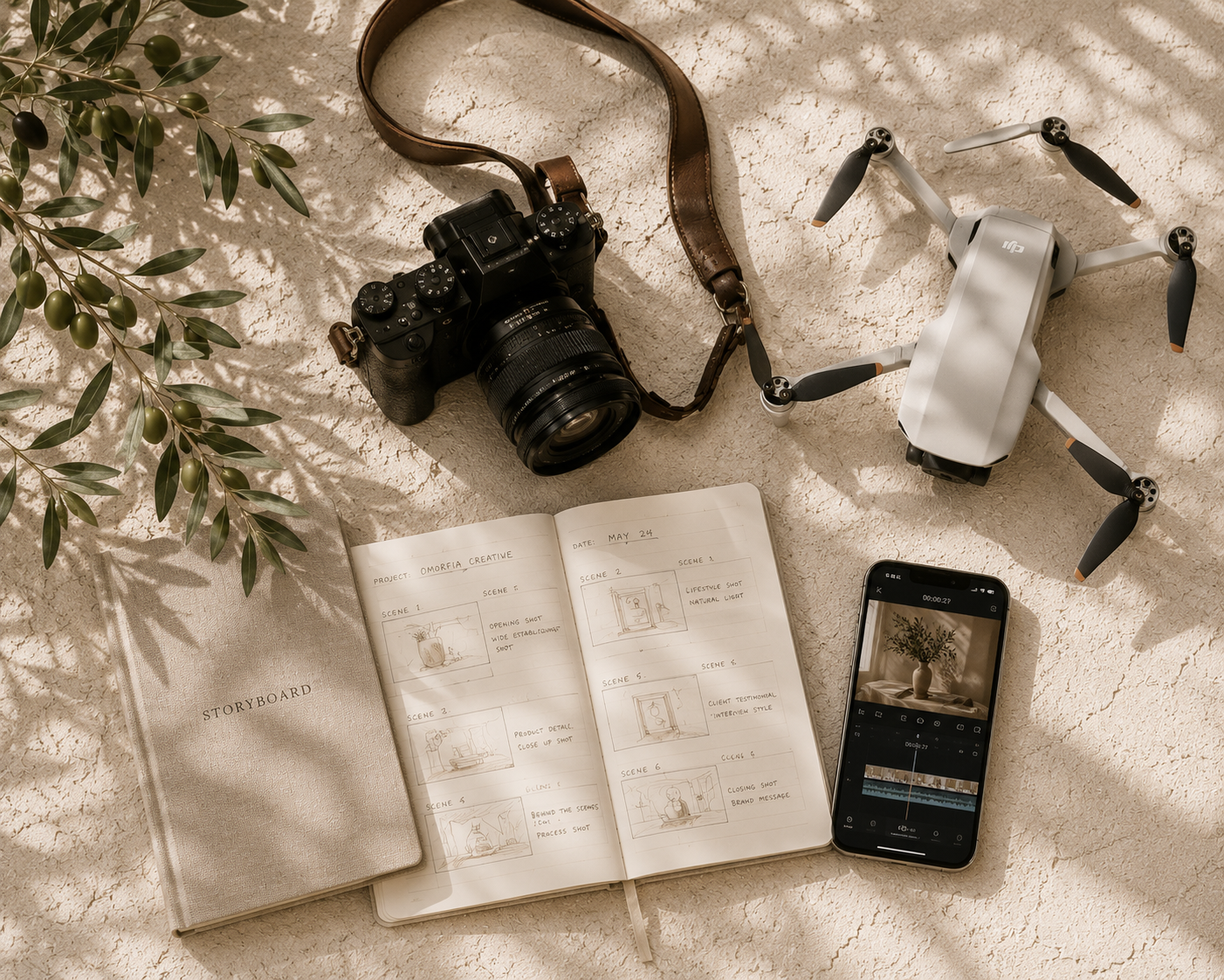 A camera, a drone, a storyboard notebook, a smartphone, and a plant branch with olives on a sandy surface, with shadows cast by sunlight.