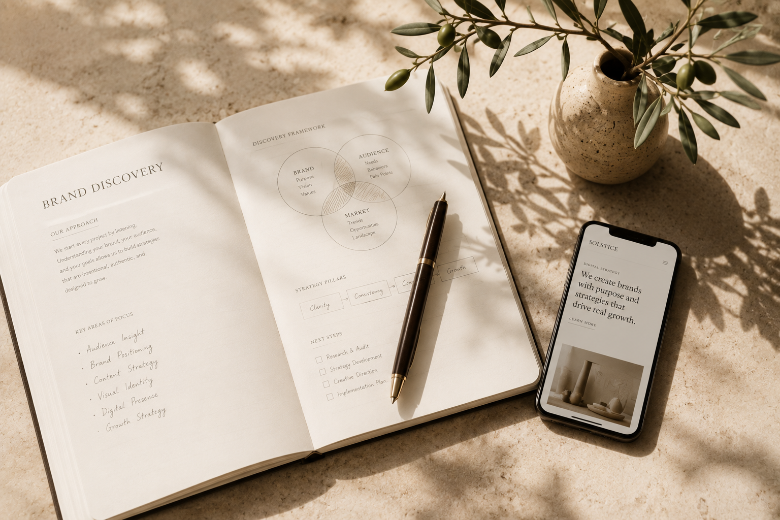 Open book and smartphone on a beige surface with a potted olive branch. The book displays a brand discovery worksheet and a diagram of strategy pillars and market segments. The smartphone shows a website with a message about creating brands with purpose.