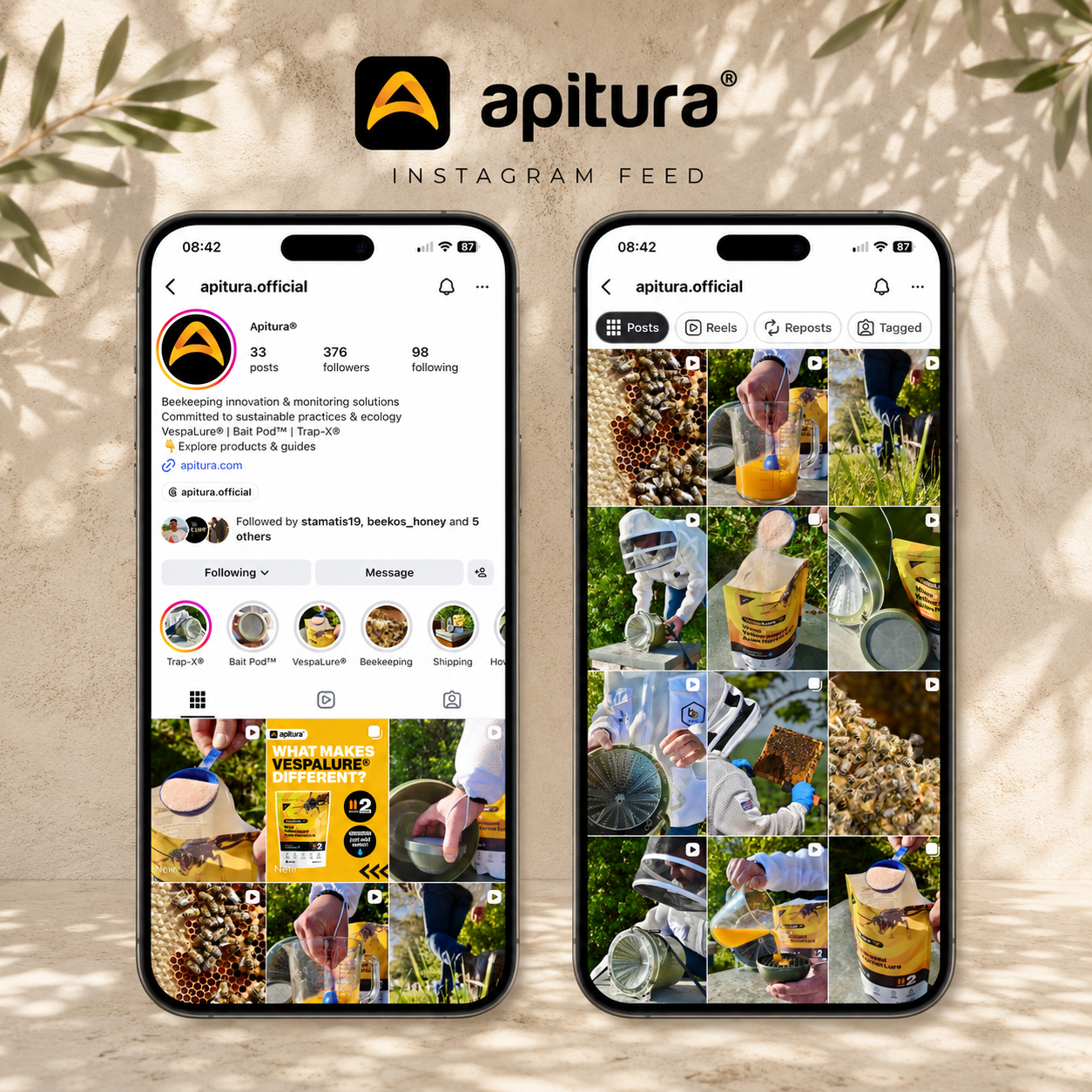 Screenshots of Apitura's Instagram profile and feed displayed on two smartphones. The profile features a logo and a bio about beekeeping and monitoring solutions. The feed includes images of bees, beekeeping activities, honey, and related products.