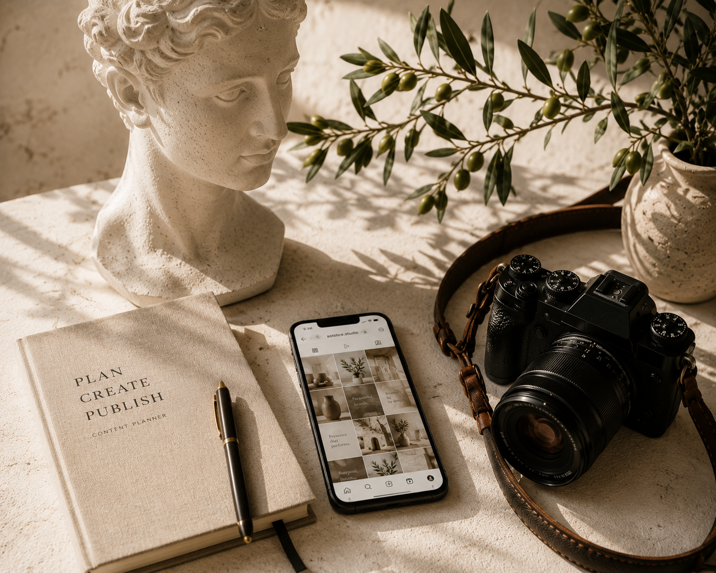 A photo of a workspace featuring a white plaster bust, a potted plant with green berries, a camera with a leather strap, a smartphone displaying an interior design website, a beige content planner titled "Plan Create Publish," and a gold pen on a textured surface with natural lighting.