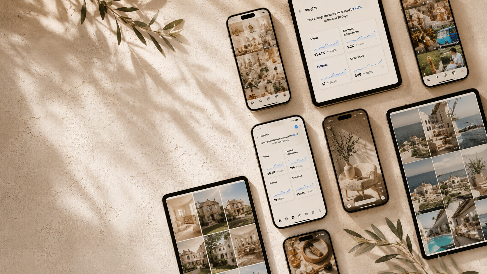 Multiple smartphones displaying social media and photo gallery images on a textured beige surface with a shadow of leaves.
