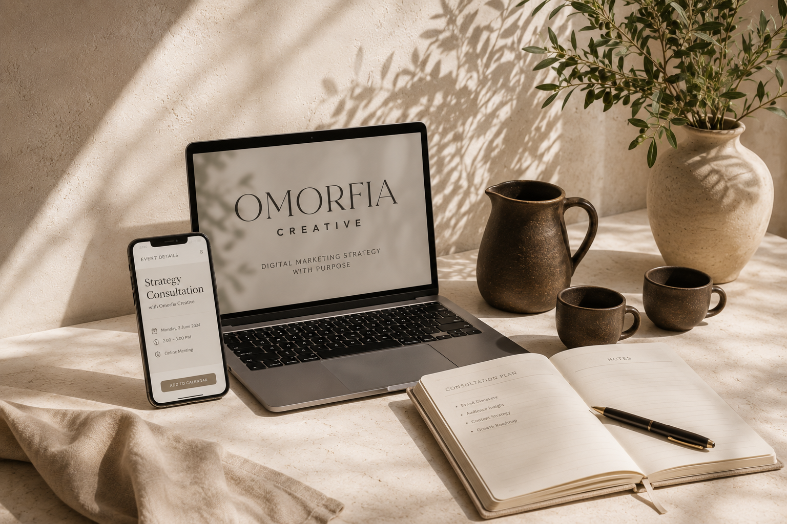 A workspace with a silver laptop displaying 'Omorfia Creative,' a smartphone showing a strategy consultation event, an open notebook titled 'Consultation Plan' with a pen, and a ceramic vase, pitcher, and cups on a light-colored surface with natural sunlight and shadows.