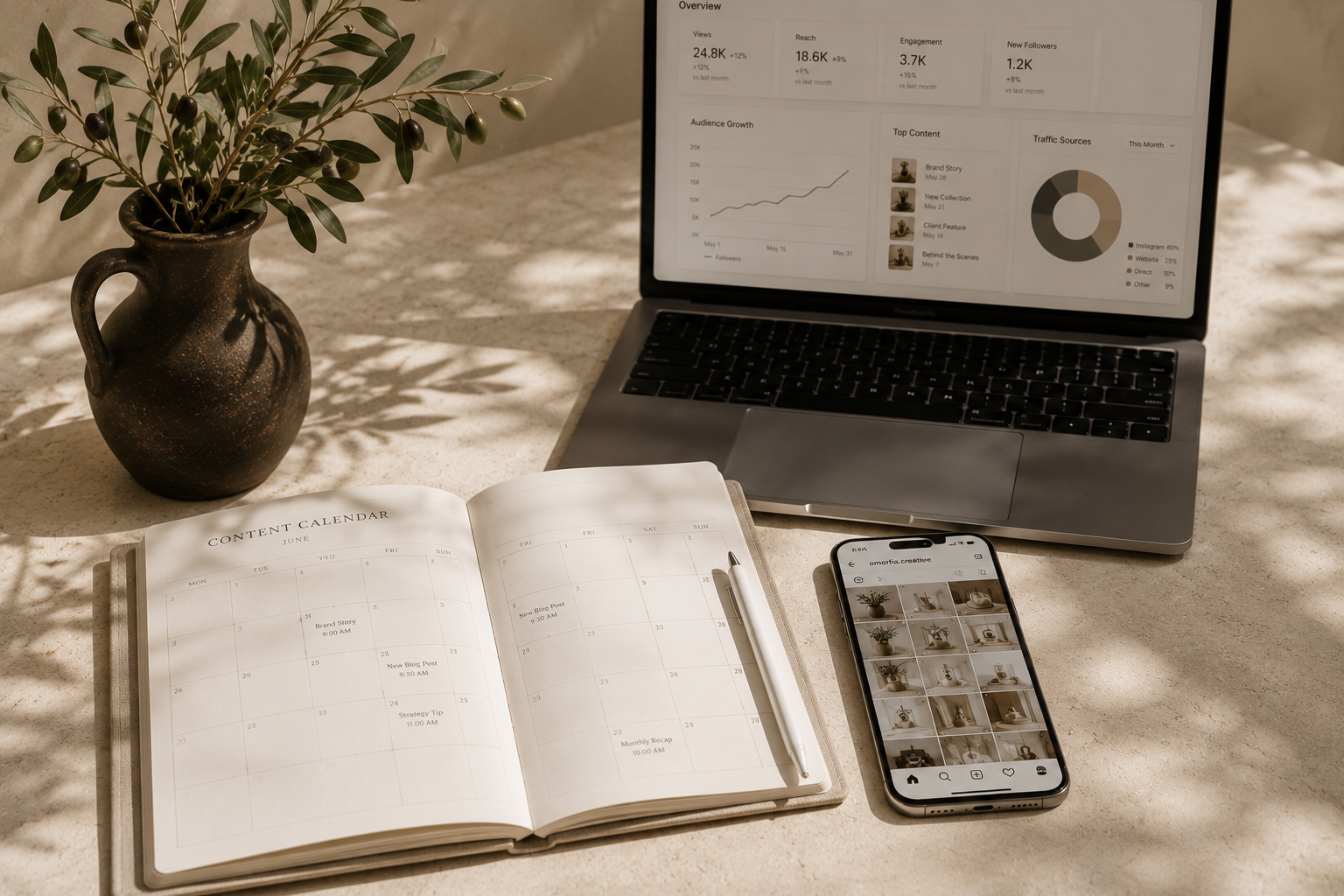 A workspace with a potted olive tree, an open content calendar, a smartphone showing Instagram photos, and a laptop displaying analytics charts on a beige table.