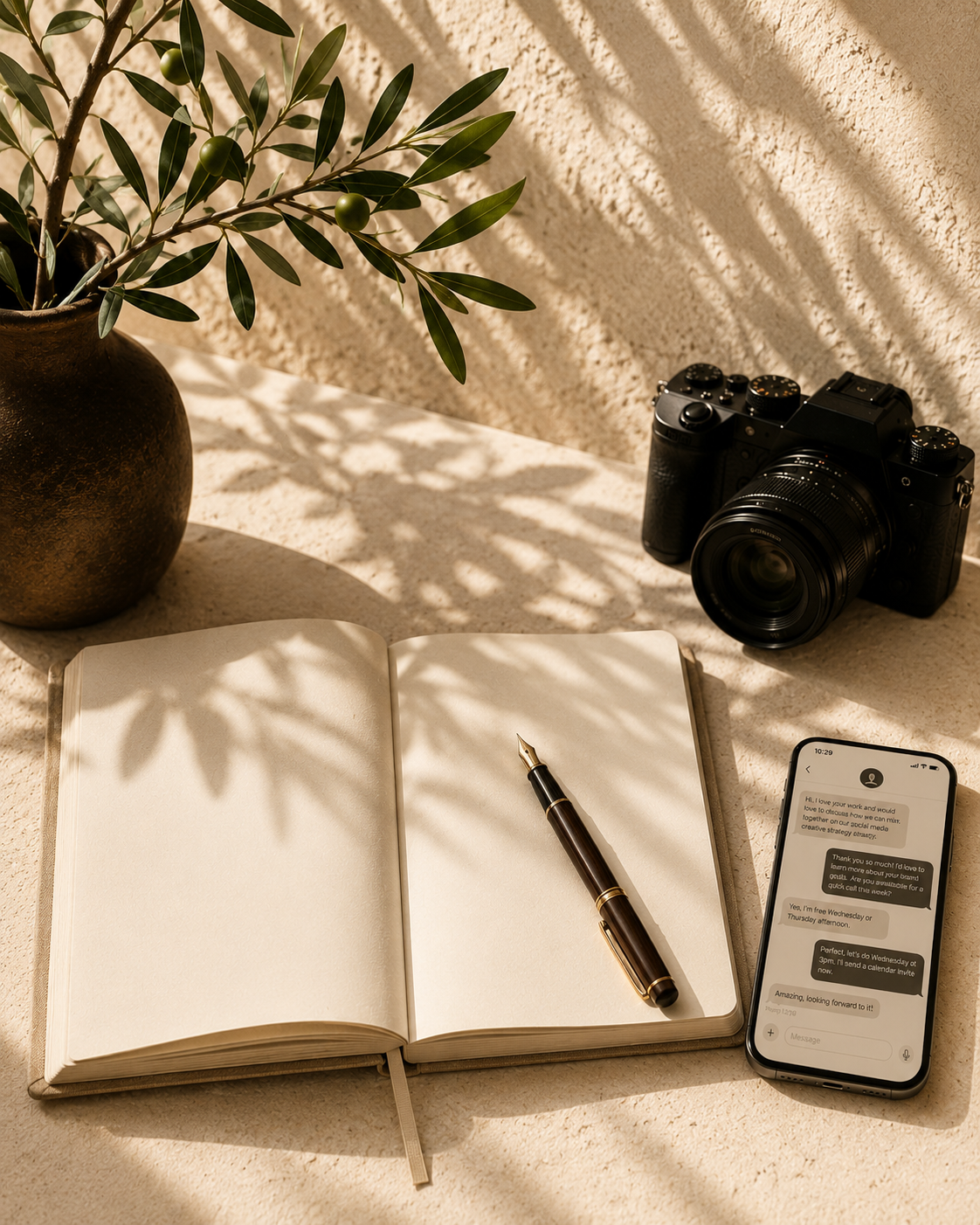 A still life scene with a potted plant casting shadows, an open notebook with a fountain pen, a camera, and a smartphone displaying a conversation, all set on a beige surface with soft sunlight.