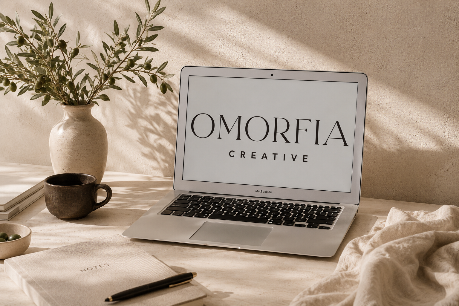 A workspace with a MacBook Air displaying "O Morfia Creative," a potted plant, a ceramic cup, a bowl of green olives, a notebook labeled "Notes," and a pen on a light-colored wooden desk with sunlight casting shadows.