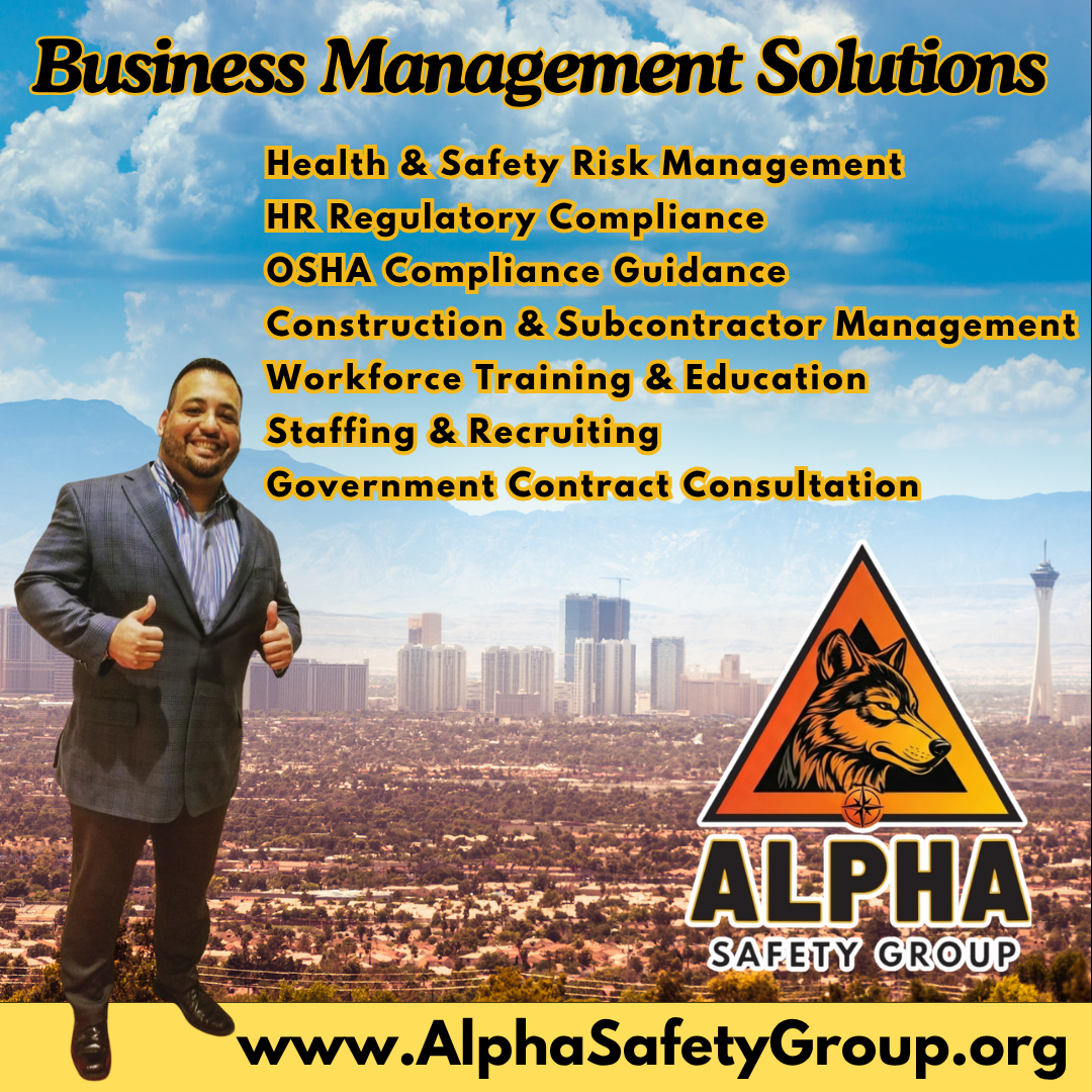 Advertisement for Alpha Safety Group offering business management solutions including health and safety risk management, HR regulatory compliance, OSHA guidance, construction and subcontractor management, workforce training, staffing, recruiting, and government contracts, featuring a smiling man in a suit and city skyline background.