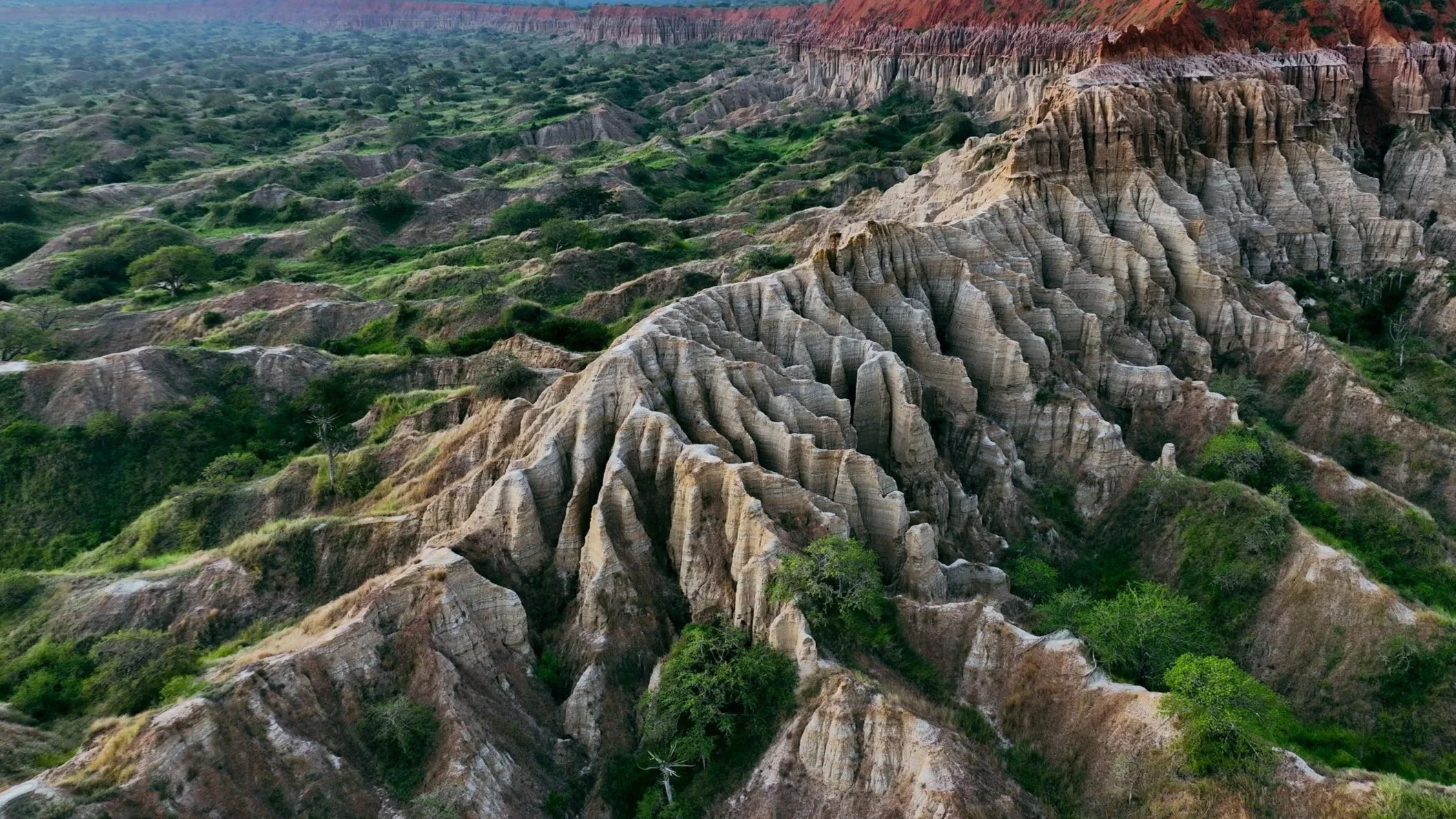 Aerial view of rugged, rocky hills with deep grooves and sparse green vegetation.