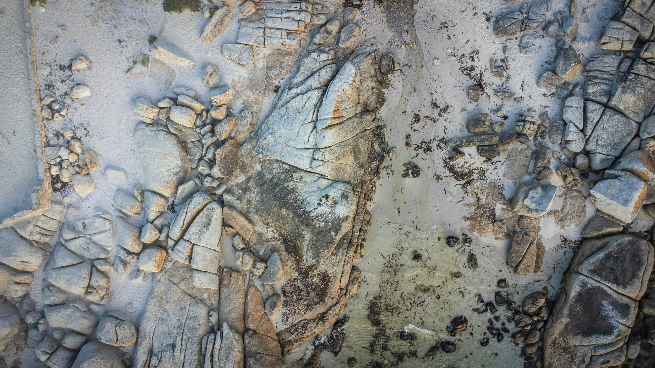 Bird's-eye view of a rocky shoreline with large weathered rocks, sand, seaweed, and small shells scattered across the beach.