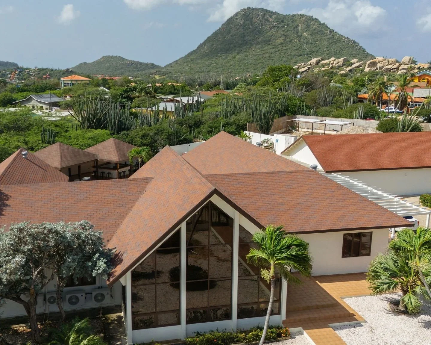 Residential neighborhood with houses featuring red and brown roofs, surrounded by lush greenery, cacti, and palm trees, with a mountain in the background.