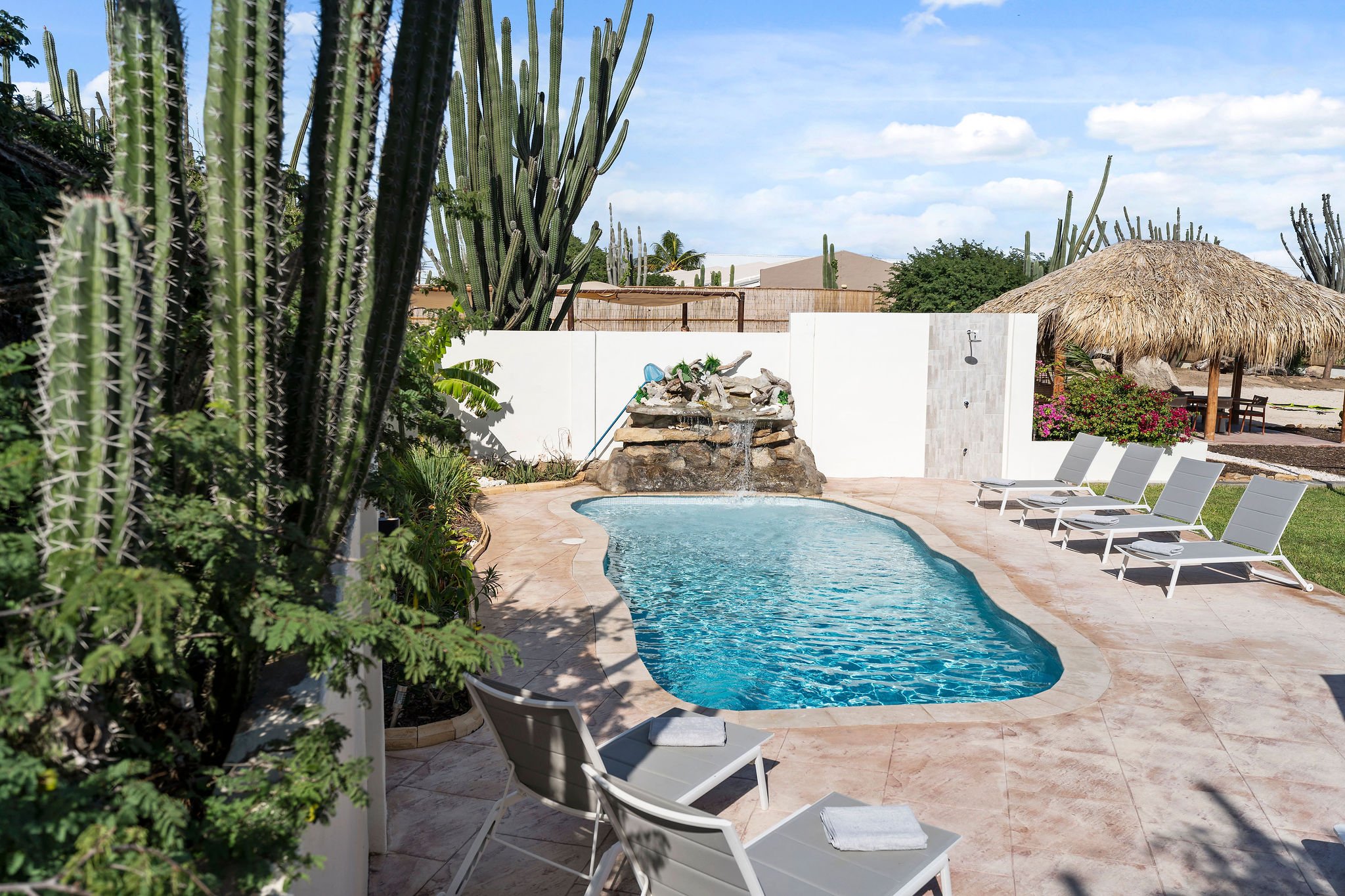 A backyard pool area with a curved pool, several lounge chairs, a thatched hut, and tall cacti in the background under a partly cloudy sky.