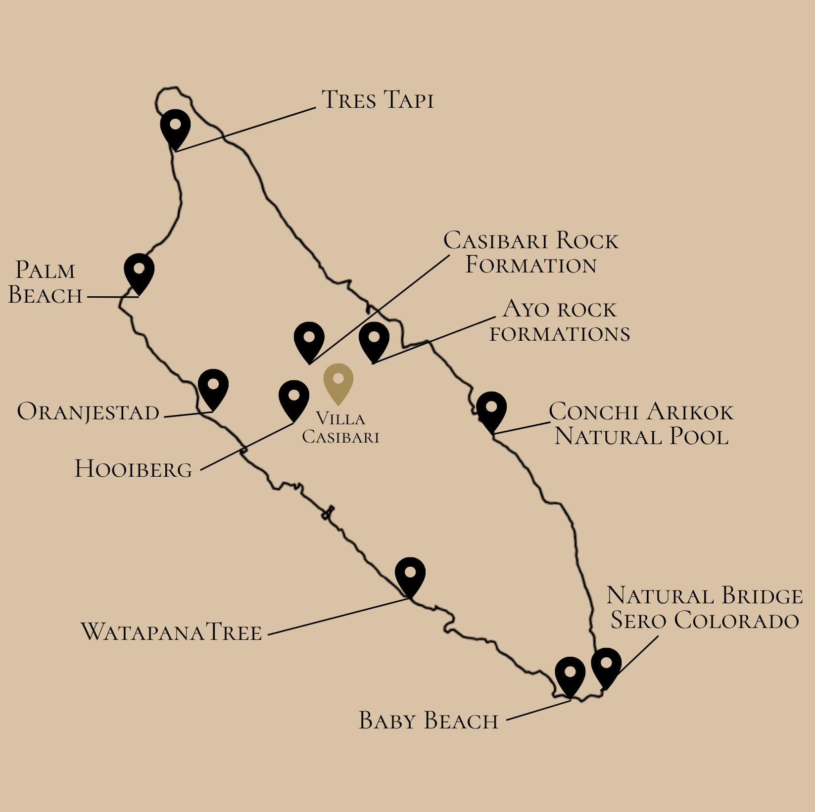 Map of Aruba with marked locations including Tres Tapis, Casibari Rock Formation, Ayo Rock Formations, Villa Casibari, Conchi Arikok Natural Pool, Baby Beach, Watapana Tree, Hooiberg, Palm Beach, and other nearby sites.