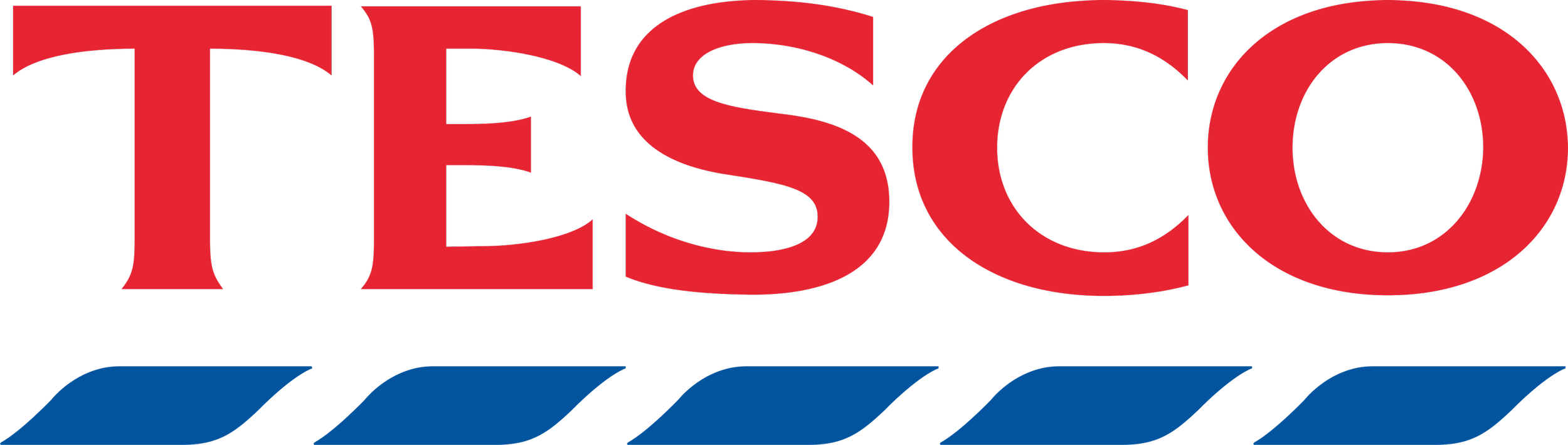 Close-up of a vintage TV logo with bold red and black text that reads 'TESCO' and a blue and purple logo below it.