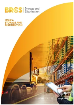 Cover page of a magazine titled 'Issue 4 Storage and Distribution', featuring a warehouse with shelves stocked with boxes and a person holding a tablet, along with a semi-truck in the background.