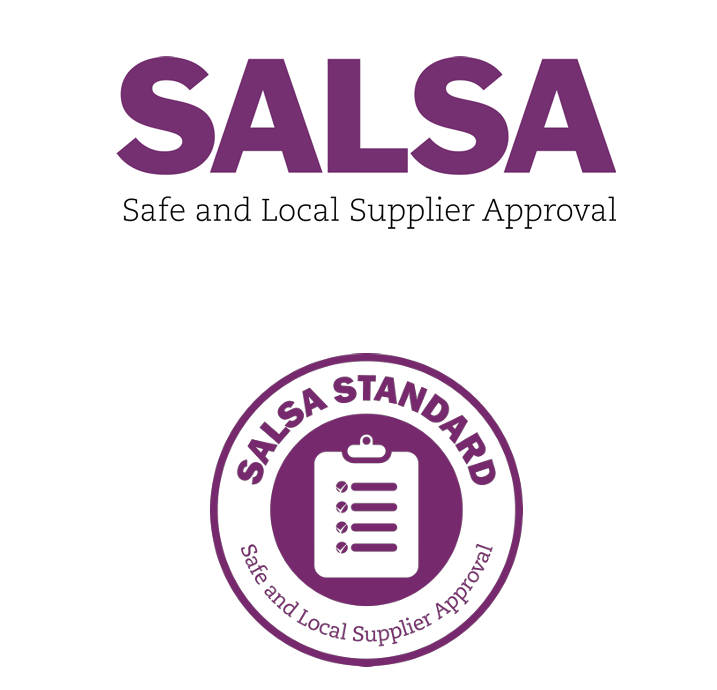 Salsa certification logo indicating safe and local supplier approval with a purple and white design, including a checklist icon.