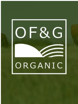 Logo for OF&G Organic on a green background with a white rectangular border, featuring stylized hills and waves.