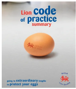 Book titled 'Lion code of practice summary' with an egg and a red lion logo on the cover.