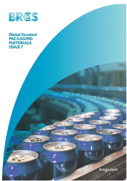 Cover of a publication titled "BRCS" with the subtitle "Global Standard Packaging Materials Issue 7." The cover features an image of metallic packaging cans on a production line, with a blue and white color scheme.