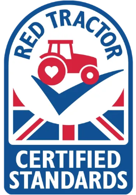Red tractor with a heart symbol on its side, checkmark, and the text 'Red Tractor Certified Standards' beneath.