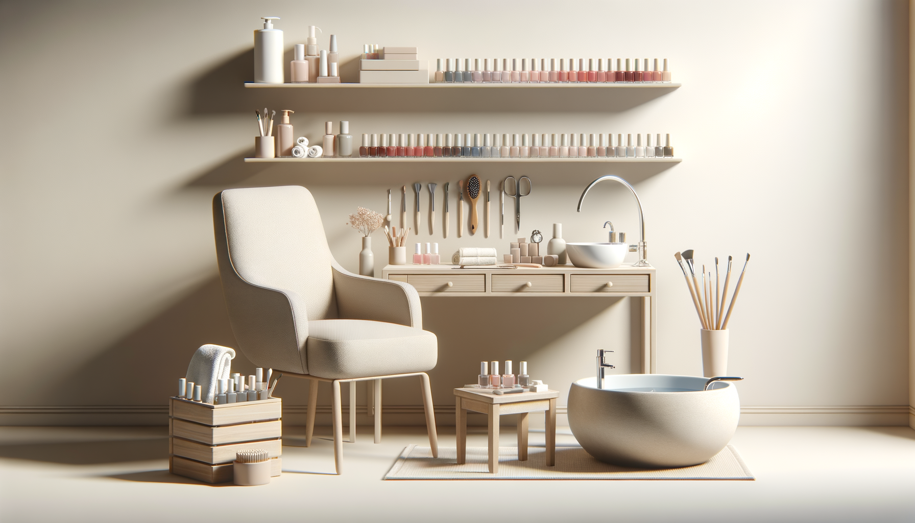Ein elegant gestalteter Raum mit einem Behandlungsstuhl, echten Nagellackflaschen, Pflegeutensilien, Haartools und einer modernen Waschschüssel, alles in neutralen Farben.