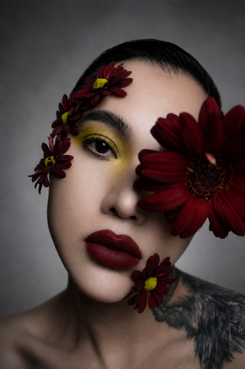 A woman with dark hair, bold red lipstick, and dramatic eye makeup, covering one eye with a large red flower and small red flowers adorn her face, and part of a tattoo is visible on her shoulder.