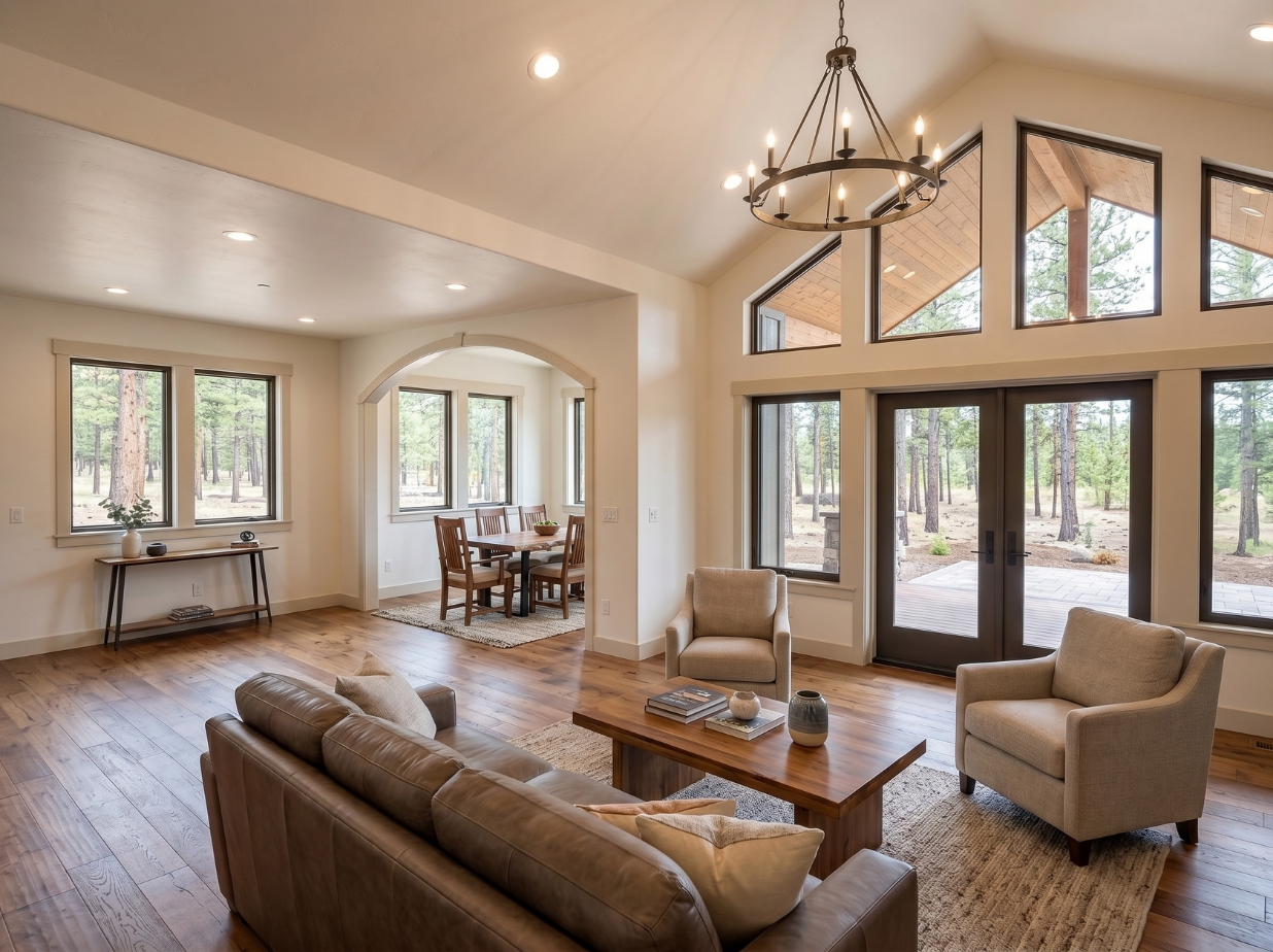 Living room with large windows and a view of trees, beige sofa and armchairs, wooden coffee table with books and vases, dining area with table and chairs, chandelier, wooden floors.