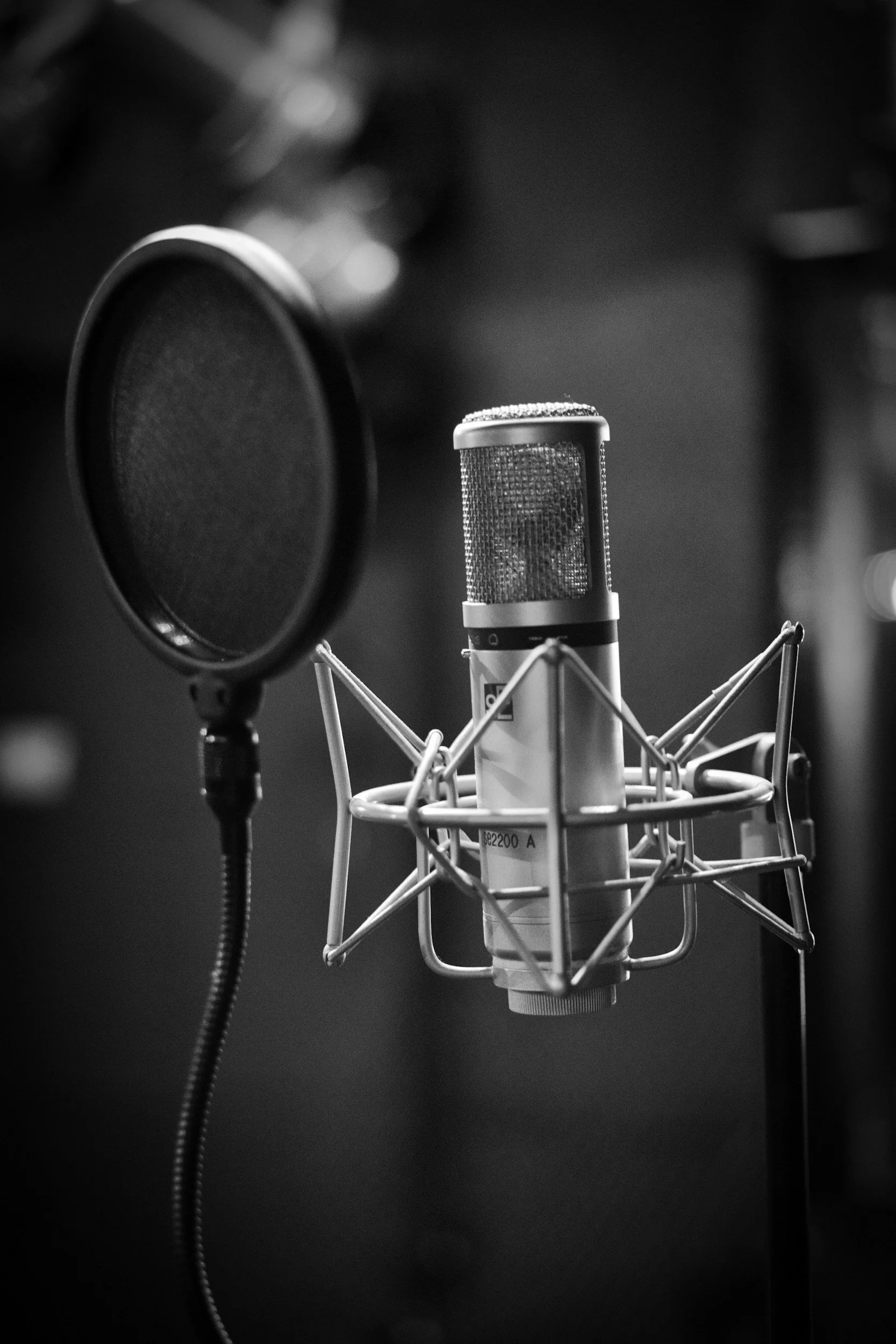 Un microphone de studio avec une parabole de réduction de bruit et une grille en acier, placé dans un cadre en métal pour l'enregistrement audio, en noir et blanc.