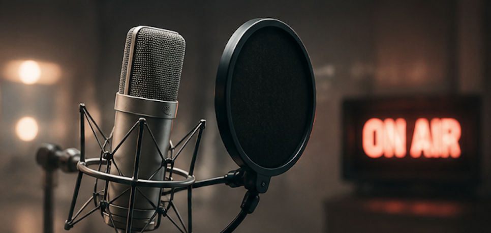 Microphone avec un filtre anti-pop placé devant, en studio d'enregistrement, avec un panneau lumineux « ON AIR » en arrière-plan.