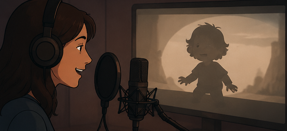 Une femme dans un studio d'enregistrement chante devant un micro, portant des écouteurs, et une silhouette d'un enfant en animation est visible sur un écran à l'arrière-plan.
