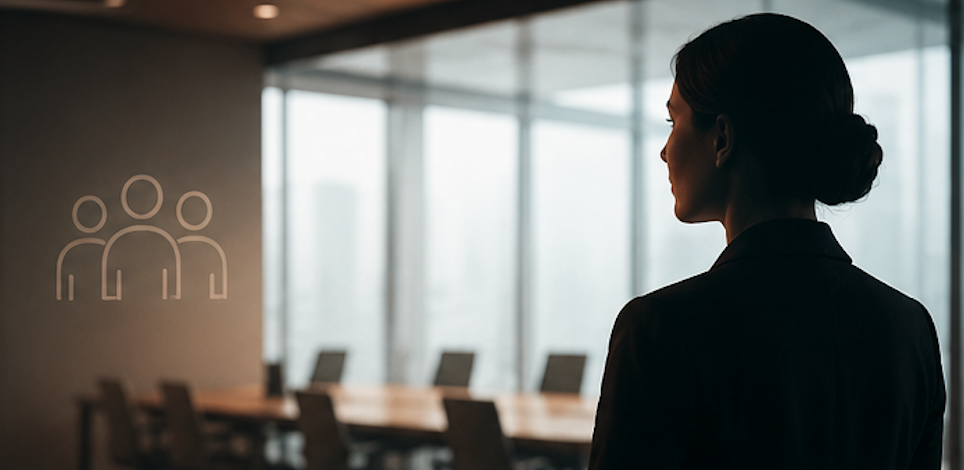 Une femme d'affaires regarde par la fenêtre dans une salle de réunion moderne et lumineuse.