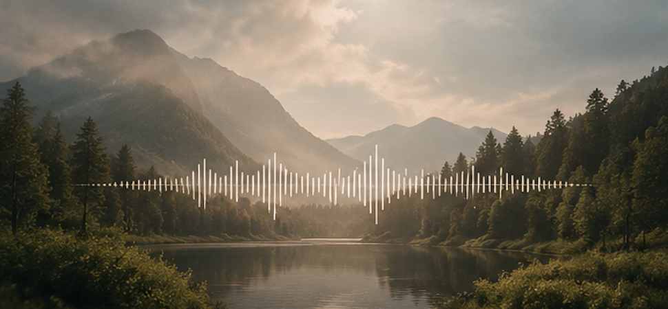 Paysage de montagnes, forêt, rivière avec une onde audio superposée.