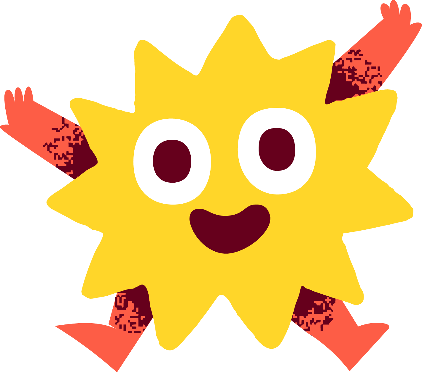 Yellow Twistin Tots cartoon character called Sparkles, with a smiling face, large eyes and outstretched arms and legs.