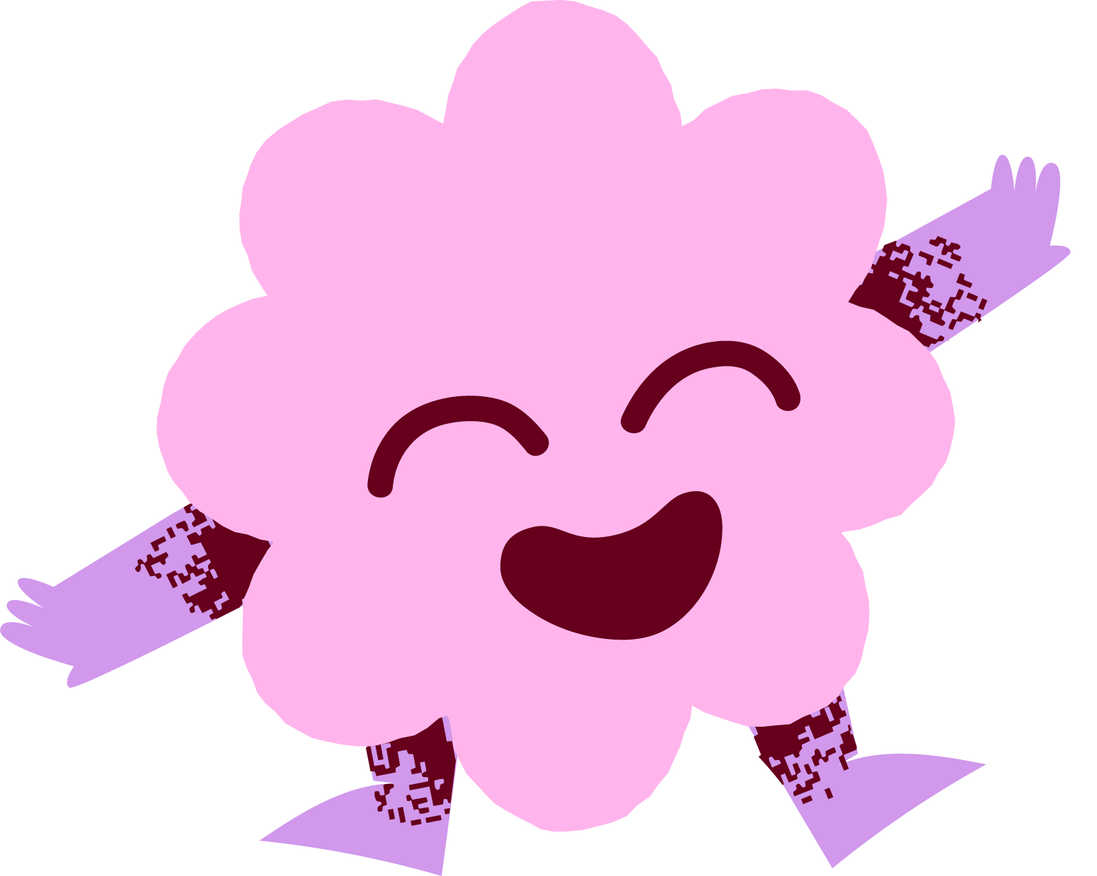 Cute pink cartoon flower character with smiling face, closed eyes, and open mouth, with purple arms and legs, called Wiggles.