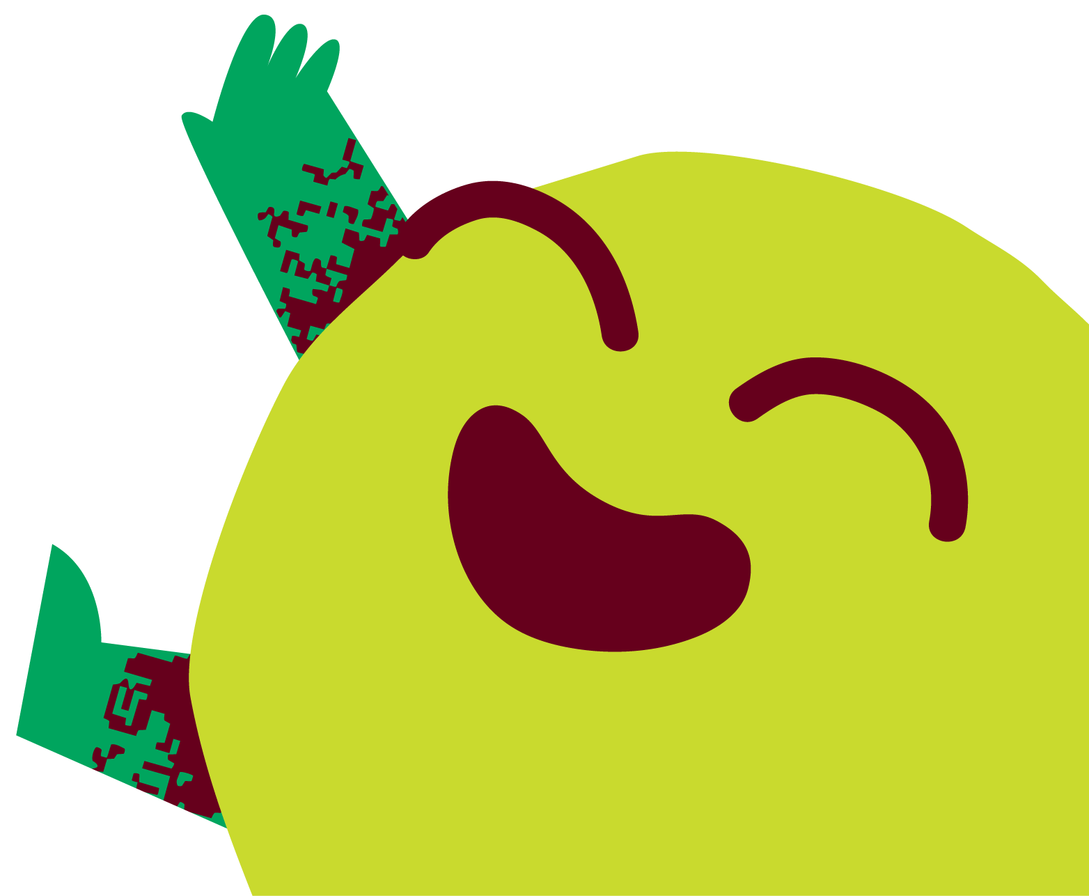 Close-up of a Twistin Tots cartoon character called Dot, with a green body and face, smiling with closed eyes and arms raised in joy.