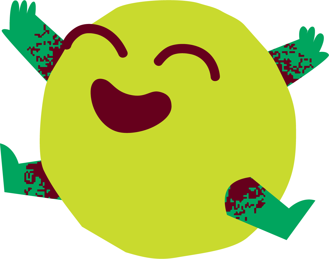 Twistin Tots cartoon character called Dot, with a green body and face, smiling with closed eyes and arms raised in joy.