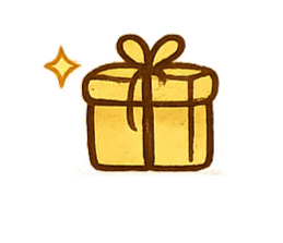 Illustration of a wrapped gift box with a bow and a sparkling star.