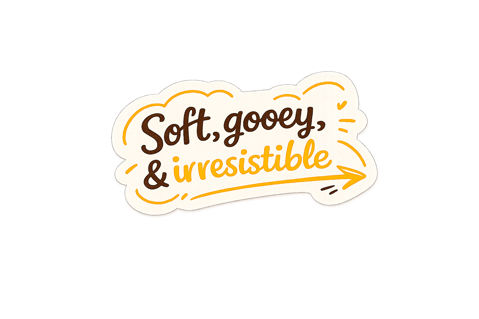 Neon sign with the words "Soft, gooey, & irresistible" written in a playful font, surrounded by decorative orange lines and arrows on a grey background.