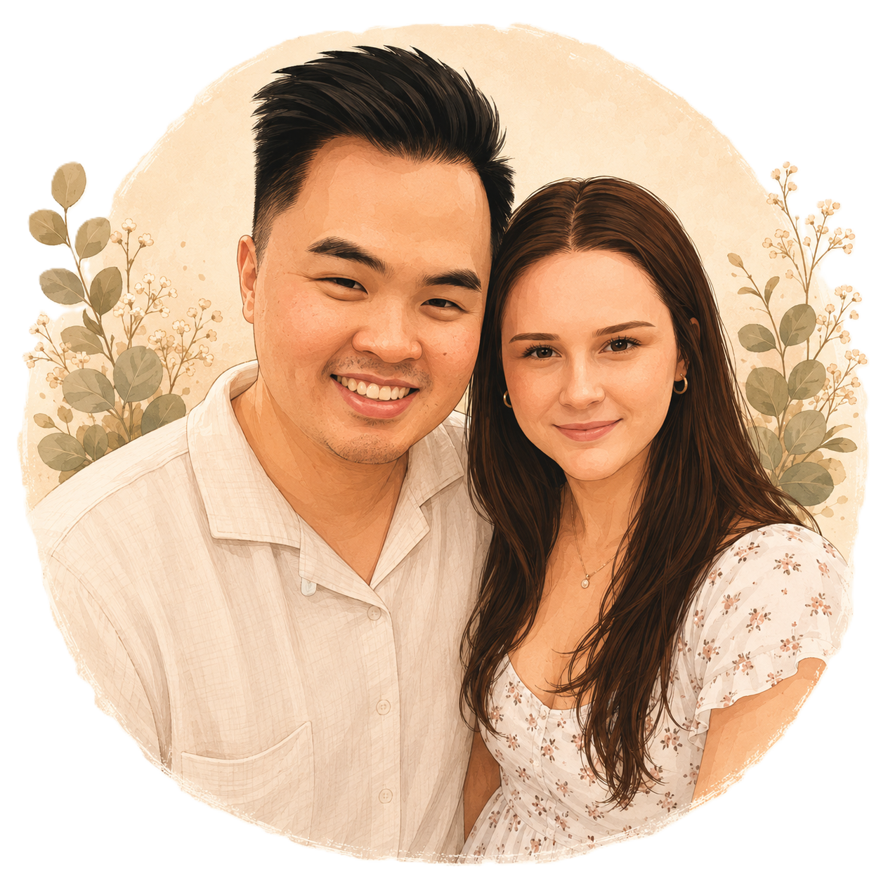 A young man and woman smiling and posing together with a floral background.