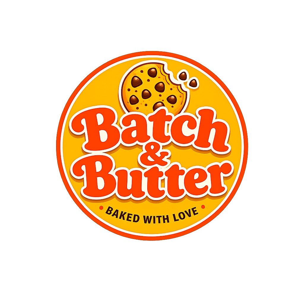 Brand logo with a cookie illustration, reading "Batch & Butter Baked with Love" in bold orange and red text on a yellow background.
