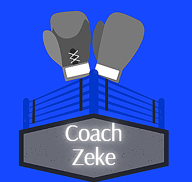 Boxing gloves hanging above a sign that says 'Coach Zeke'.
