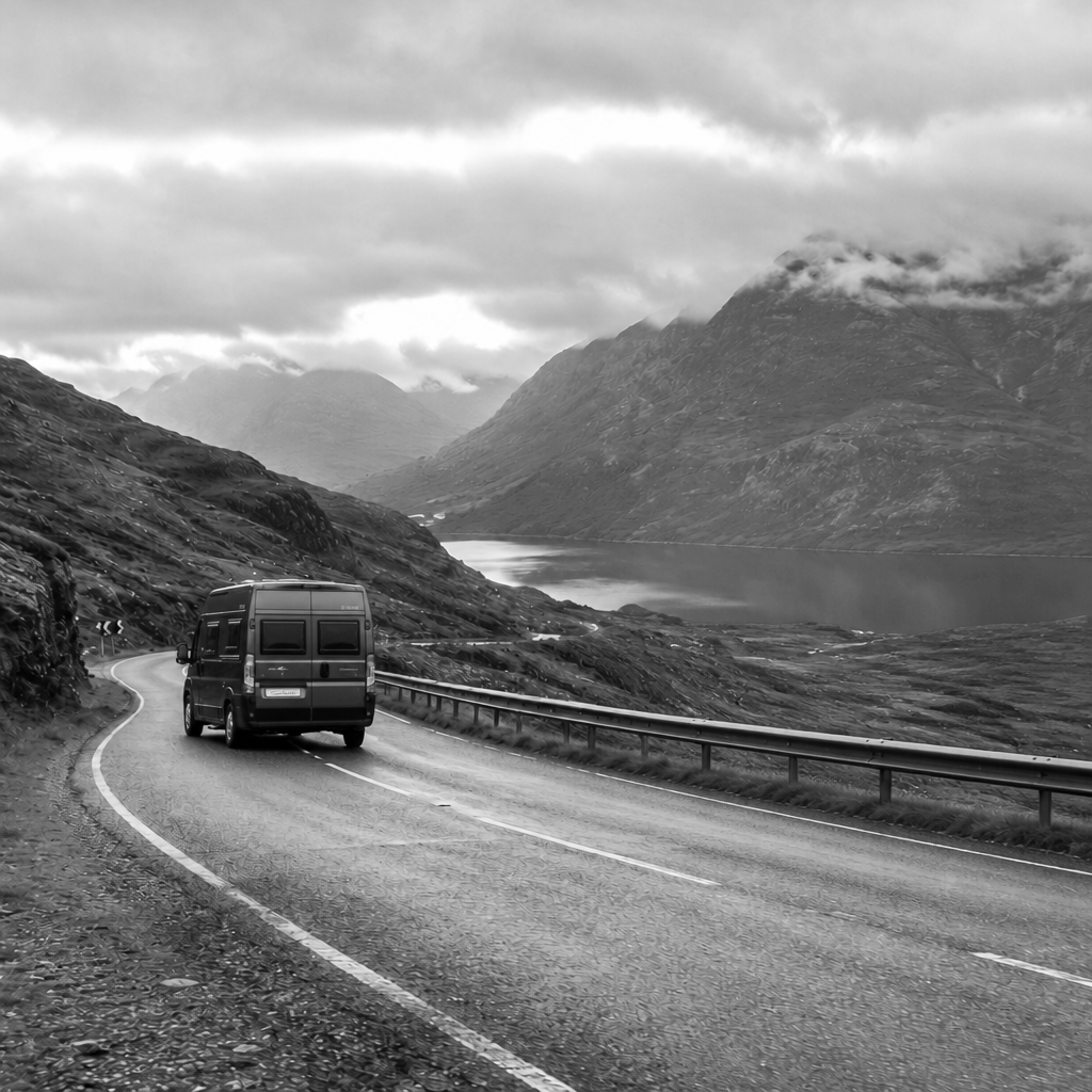 A black van driving along a winding mountain road beside a body of water, with large mountains and cloudy sky in the background.