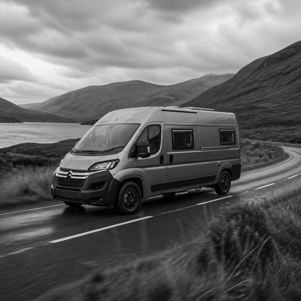 A camper van driving on a winding road through a mountainous landscape near a lake, under cloudy skies, in black and white.