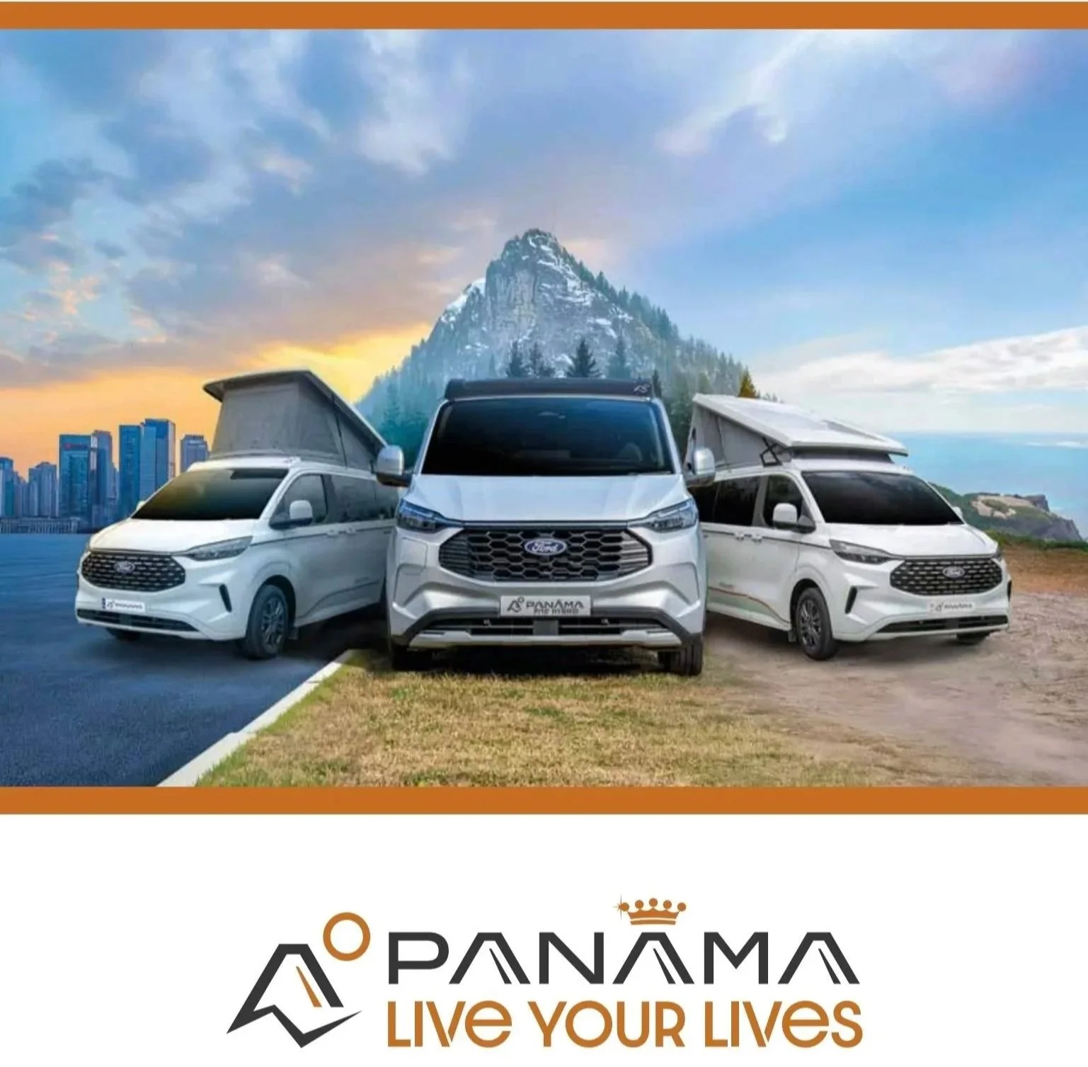 Three white camper vans with pop-up roofs parked outdoors with mountainous landscape, city skyline, and partly cloudy sky in the background.