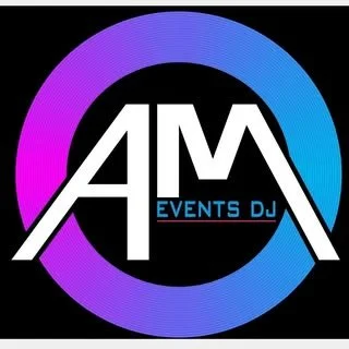 Logo with stylized white letters 'AMA' inside a black circle, surrounded by a gradient ring from purple to blue, with the text 'EVENTS DJ' in blue beneath 'AMA'.