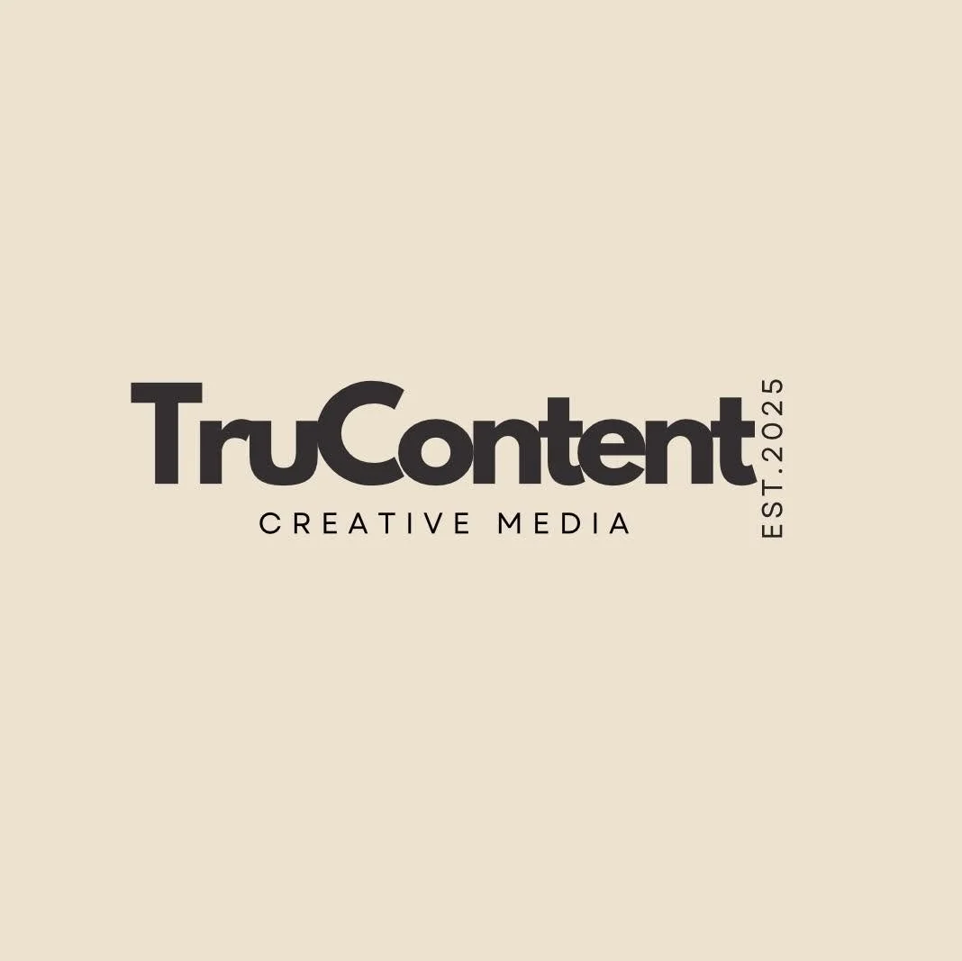 Logo for TruContent Creative Media with beige background and black text.