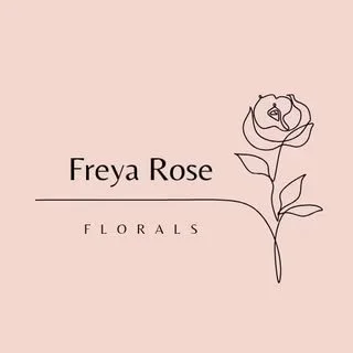 Minimalist line drawing of a rose flower next to the text 'Freya Rose' and 'Florals' on a light pink background.