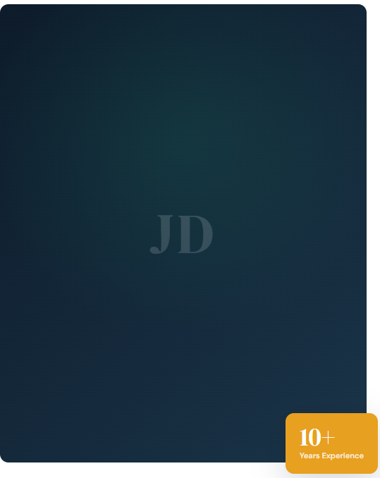 Dark blue background with the letters 'JD' in the center and a small orange badge in the bottom right corner that says '10+ Years Experience'.