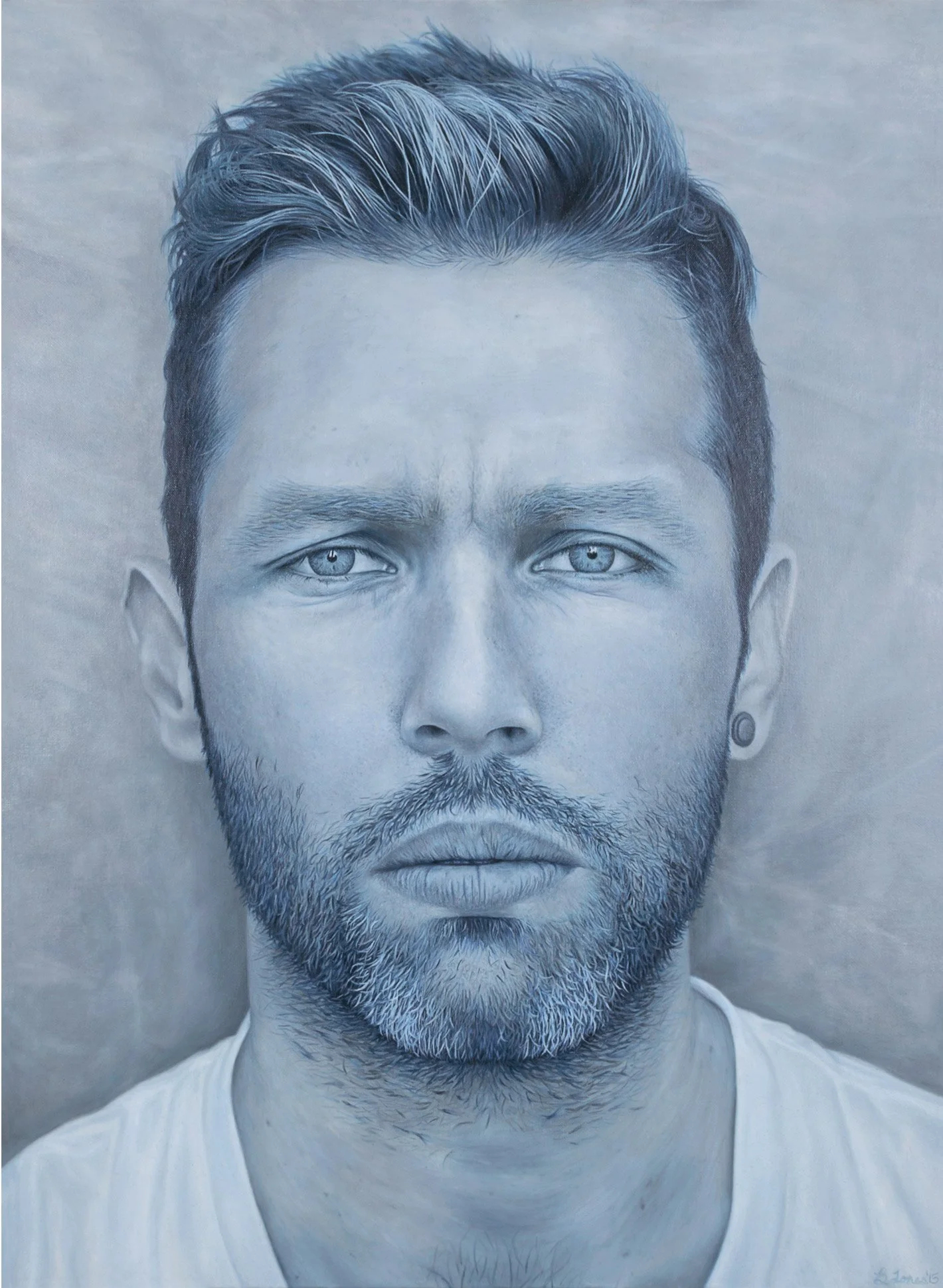 Portrait of a man with dark hair,  a short beard, and light eyes, from the neck up, in front of a plain background. Painted in a range of blue hues. The subject has and small circular earing in his left ear, and  pained look on his face.