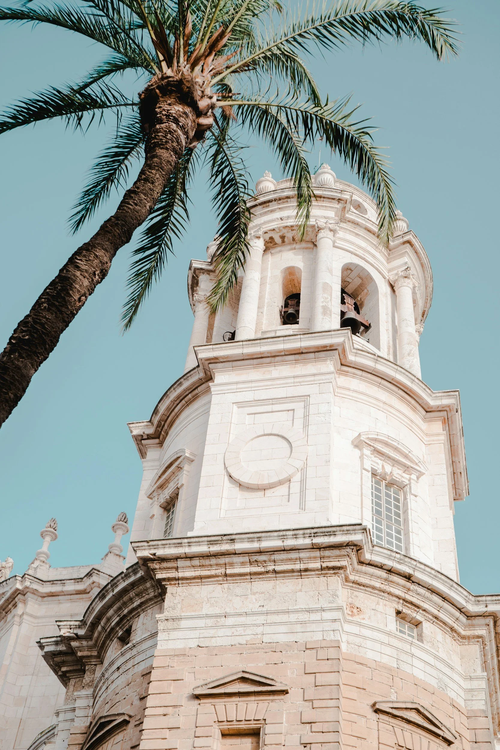 A white stone bell tower with classical architectural details and arched windows, partially obscured by a tall palm tree, against a clear blue sky.