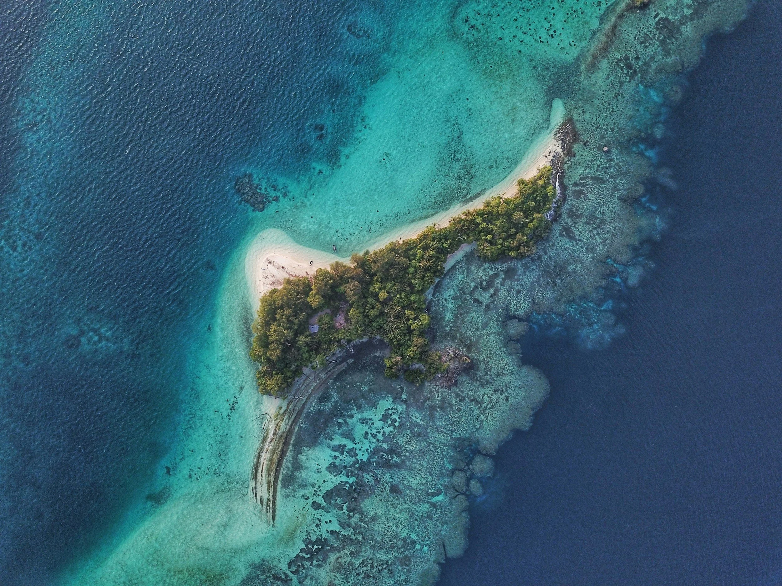 Vue aérienne d'une petite île tropicale entourée d'eau turquoise cristal claire, avec végétation luxuriante et une plage de sable blanc.